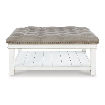 Whitewash Square Tufted Cocktail Ottoman with Lower Shelf