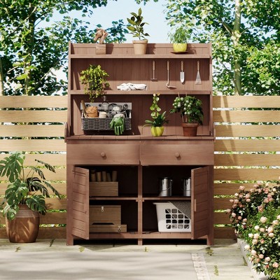 65" Wooden Garden Workstation: Potting Bench with Drawer, Cabinet, Storage Shelf