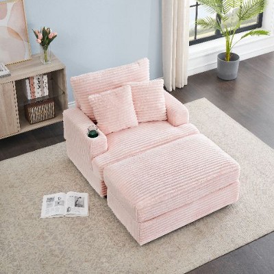 Kumasinova Reclining Corduroy Sofa Bed with Cup Holders, 39" Spring Upholstered Armchair and Ottoman Set, Tufted Single Sofa with 2 Throw Pillows