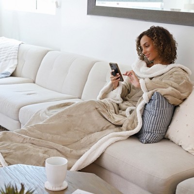 Camel Sherpa Fleece Wearable Blanket with Sleeves