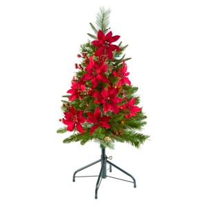 National Tree Company 3' Pre-Lit Feel Real® Pencil Slim Colonial Artificial Christmas Tree with Red Poinsettias, Red Berries Multicolor Lights - 1 of 3