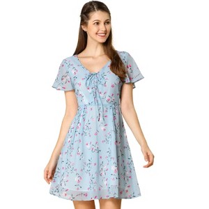 Allegra K Women's Floral Printed Flare Short Sleeve Lace-up V Neck A-Line Chiffon Dress - 1 of 4