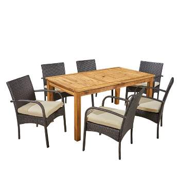 Elmar 7pc Wood & Wicker Expandable Dining Set - Natural/Brown/Cream - Christopher Knight Home