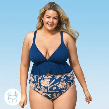 Women's Plus Size Sheer Mesh Top Halter Bikini Three Piece Swimsuit -  Cupshe-3x-blue : Target