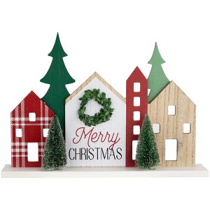 Northlight Wooden "Merry Christmas" Houses with Trees Decoration - 15" - Red and Green - 1 of 4