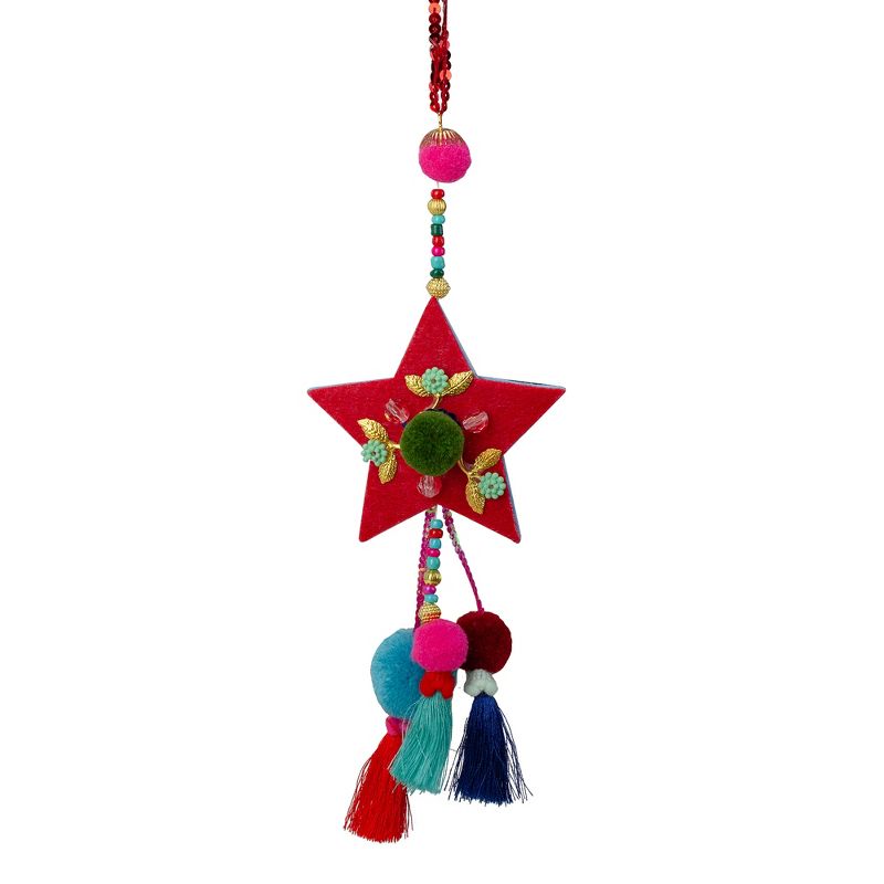 Northlight 9.5" Red Bohemian Star with Pom Pom Christmas Ornament, 1 of 4