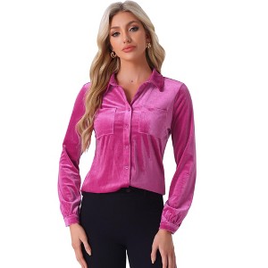 INSPIRE CHIC Women's Pocket Front Velvet Long Sleeve Casual Button Down Shirt - 1 of 4