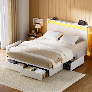 WOWLIVE Queen/Full/King Size Bed Frame with 4 Drawers, Modern bed with LED Light and Charging Station, Storage Headboard, HB00 - 1 of 4