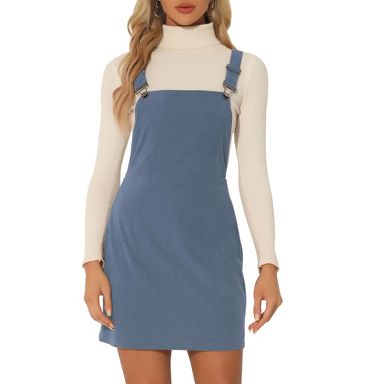 INSPIRE CHIC Women's Adjustable Strap Pinafore Bib Corduroy Floral Dress X-Small Grey Blue