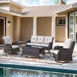 Gymojoy 5 Pieces Outdoor Wicker Sofa with Swivel Chairs, Coffee Table, Patio Furniture Set - 1 of 4