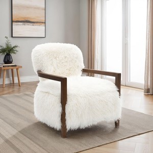 Sapphtopaz Modern Faux Fur Accent Chair with Raked Back & Wooden Arms Upholstered Comfy Bedroom Chair Soft Armchair for Living Room, Bedroom - 1 of 4