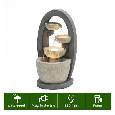 Gray Oval Cascading Bowls Resin Outdoor Fountain with LED Lights