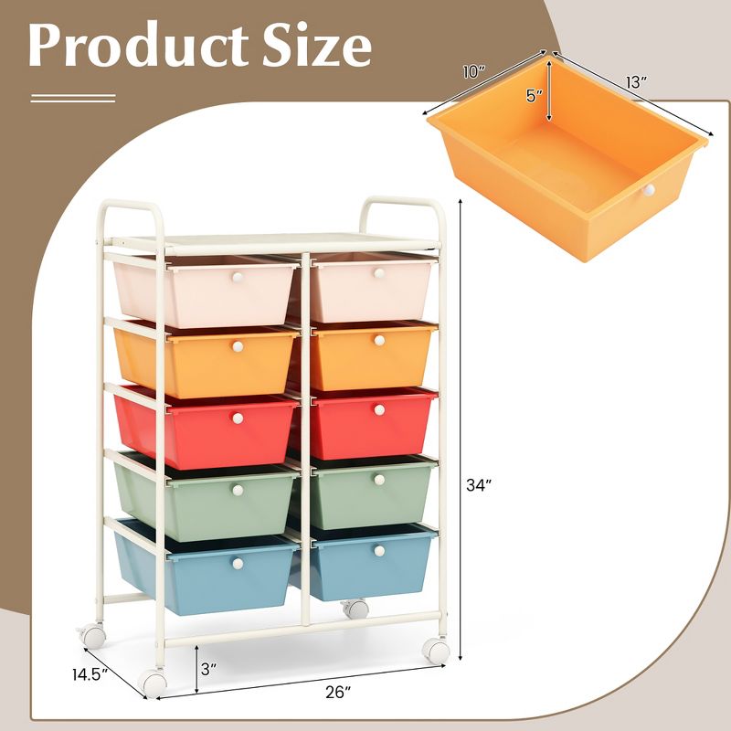 Tangkula 10-Drawer Rolling Storage Cart Tools Scrapbook Paper Organizer on Wheels Macaron, 3 of 11