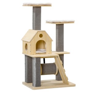 Gulches Natural Gray 49 inch Pinewood Cat Tree 11 lbs Cats Sisal Plush Condo Cushioned Perches Spinning Roller Toy Washable Pads - 1 of 4