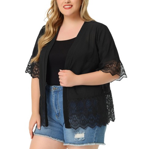 Women 3/4 Bell Sleeve Beach Sheer Lace Kimono Summer Cardigan Lightweight  Solid Color Open Front Cover Up Black S at  Women's Clothing store