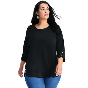 Avenue Women's Plus Size Sabrina Button Detail 3/4 Sleeve Top - 1 of 4