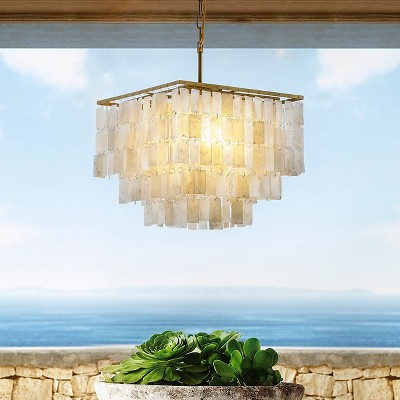 ALOADECOR 3-Light Coastal Natural Capiz Shell Tiered Chandelier With Square Antique Gold Frame