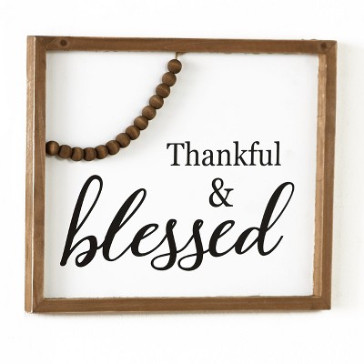 Lakeside Thankful and Blessed Wall Hanging Farmhouse Sign with Bead Accents