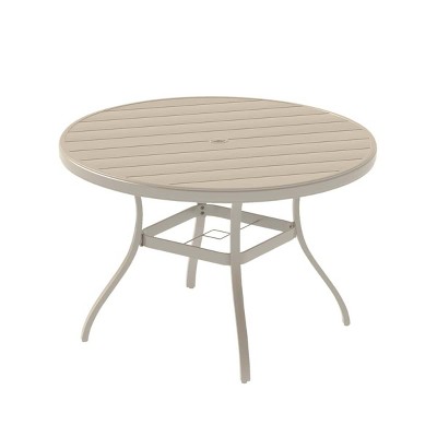 53" Outdoor Round Patio Dining Table with Umbrella Hole, All-Weather Sandstone Metal Outdoor Dining Table for Garden,Balcony,or Backyard–The Pop Home