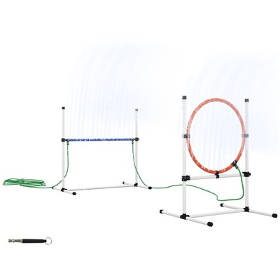 PawHut 3 Piece Dog Agility Training Equipment Set with Adjustable Height Jumping Ring and Hurdle, Spray Water Tube, Carry Bag, Whistle, White