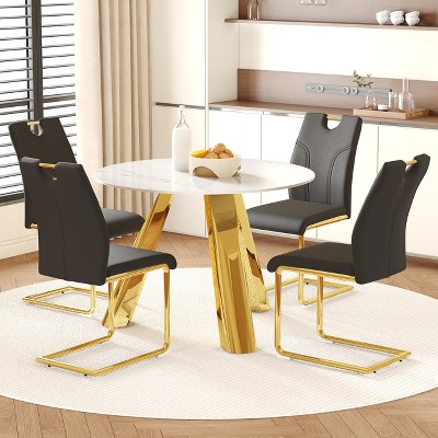 FURNIinspire Dining Sets Round Dining Set, 42" White Sintered Stone Dining Table And 4 Black Dining Chairs With Golden Stainless Steels Legs