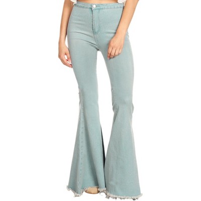Anna-Kaci Women's High Waist Flare Jeans with Raw Hemline and Light Wash Clean Front Design - XX Large,Blue
