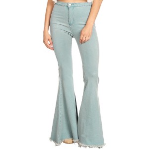Anna-Kaci Women's High Waist Flare Jeans with Raw Hemline and Light Wash Clean Front Design - 1 of 3