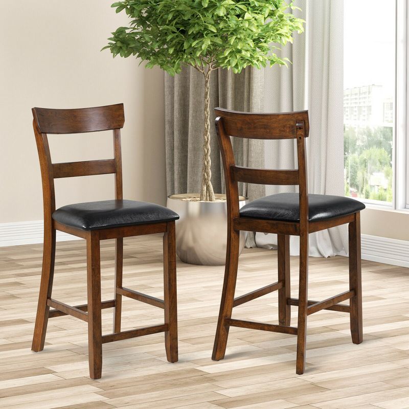 Costway Set of 2 Barstools Counter Height Chairs w/Leather Seat & Rubber Wood Legs, 2 of 11