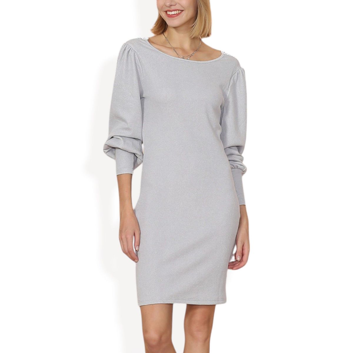 Anna-Kaci Women's Fitted Knit Mini Dress with Boat Neckline and Puff Long Sleeves