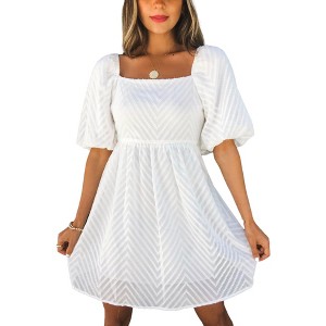 Amaryllis Women's Chevron Pattern Square Neck Puff Sleeve Mini Dress Effortless and Chic Style - 1 of 4