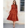 Women's Ruffle Mock Neck Long Sleeve Smocked Midi Dress Casual Floral Print Elastic Waist Tiered Long Dress - 2 of 4