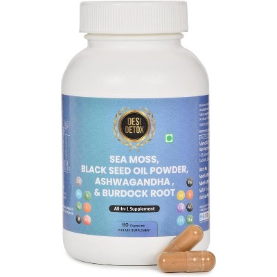 DESIDETOX 15-in-1 Sea Moss, Black Seed Oil, Ashwagandha, Turmeric & Burdock Capsules – 60 Vegan Capsules (30 Servings)