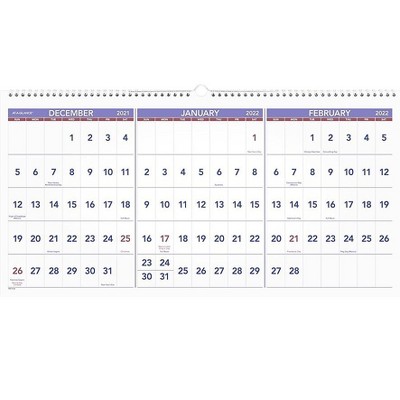 AT-A-GLANCE 2022 12" x 24" Three-Month Calendar White/Red/Purple PM14-28-22