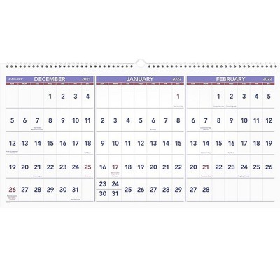 AT-A-GLANCE 2022 12" x 24" Three-Month Calendar White/Red/Purple PM14-28-22
