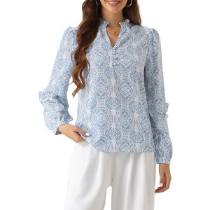 INSPIRE CHIC Women's Casual Ruffled Mock Collar V Neck Puff Long Sleeve Print Boho Blouses - 1 of 4