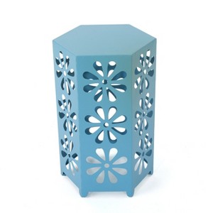 GDFStudio Kellen Outdoor 14 Inch Iron Floral Lace Cut Side Table, Matte Blue - 1 of 4