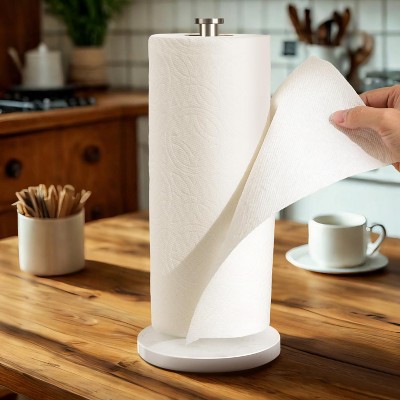 Hachikiko Heavy Marble Base Paper Towel Holder Countertop - Standing Paper Towel Roll Holder with Weighted Base, White Marble