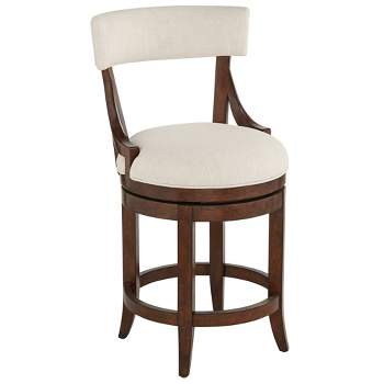 55 Downing Street Lev Walnut Wood Bar Stool Brown 24" High Farmhouse Rustic Beige Linen Cushion with Backrest Footrest for Kitchen Counter Island Home