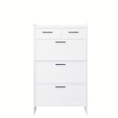 RISOKEYS Modern 3-Door Free-Standing Shoe Rack & 2 Drawers,PVC Surface,Shaker Shape Door with Open Space,Suitable for Entryway,Foyer,Living Room,White