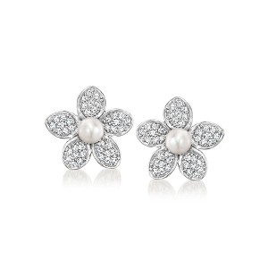 Ross-Simons 3-3.5mm Cultured Pearl and .20 ct. t.w. Diamond Flower Earrings in Sterling Silver - 1 of 3