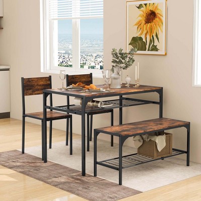 Rustic Brown MDF and Metal Dining Table Set with Bench and 2 Chairs