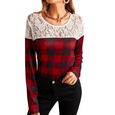 Nlife Women Lace Inserts Plaid Print Patchwork Tops Round Neck Long ...
