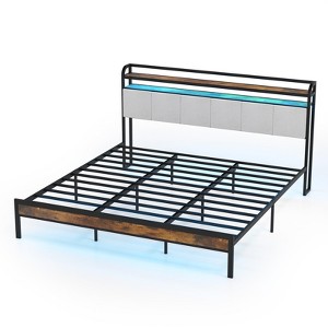 Costway Full/Queen/King Size Bed Frame w/Charging Station, Metal Platform Bed w/Upholstered Headboard - 1 of 4