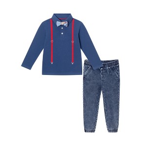 Andy & Evan  Toddler  Navy Suspender Shirtzie w/Faux Denim Terry Pant - 1 of 4