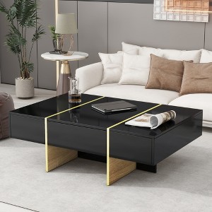 Minimalist High Gloss Coffee Table with 2 Drawers, Golden Wood Grain Legs, Modern Rectangle Center Table for Living Room - 1 of 4