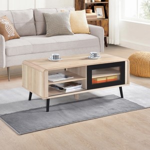 Kings Brand Furniture Nathan Mid Century Modern Coffee Table with Storage, Open & Closed Shelves for Living Room, Office, Dining – Oak/Black - 1 of 4