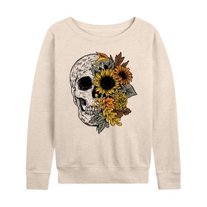 Women's - Instant Message - Skull With Fall Foliage Lightweight French Terry Wide Neck Long Sleeve Shirt - 1 of 4