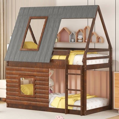 Twin Over Twin Bunk Bed with Roof, Ladder and 2 Windows,House Shaped Wood Bunkbeds w/Safety Guardrail,No Box Spring Needed ,for Kids Toddlers Teens
