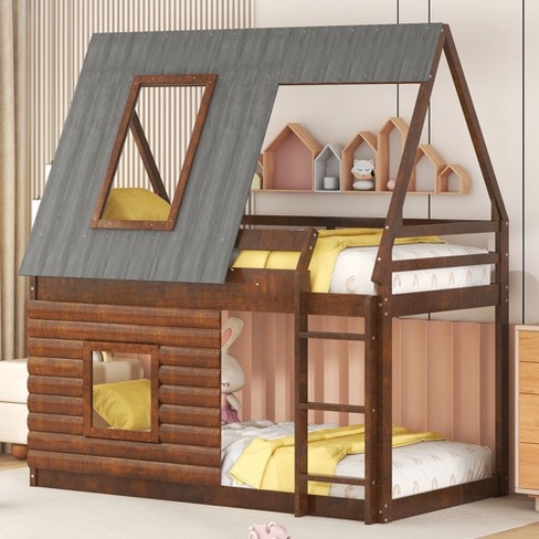 Twin Over Twin Bunk Bed with Roof, Ladder and 2 Windows,House Shaped Wood Bunkbeds w/Safety Guardrail,No Box Spring Needed ,for Kids Toddlers Teens - image 1 of 4