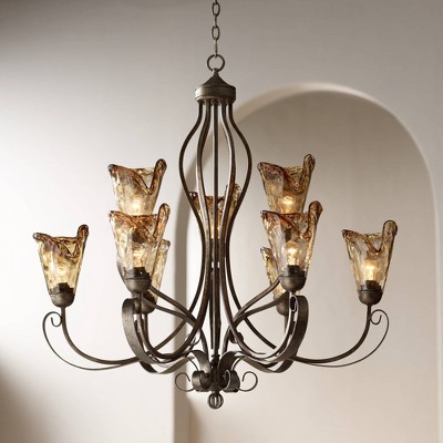 Contemporary Golden-Bronze 36" Glass Chandelier with Silver Accents